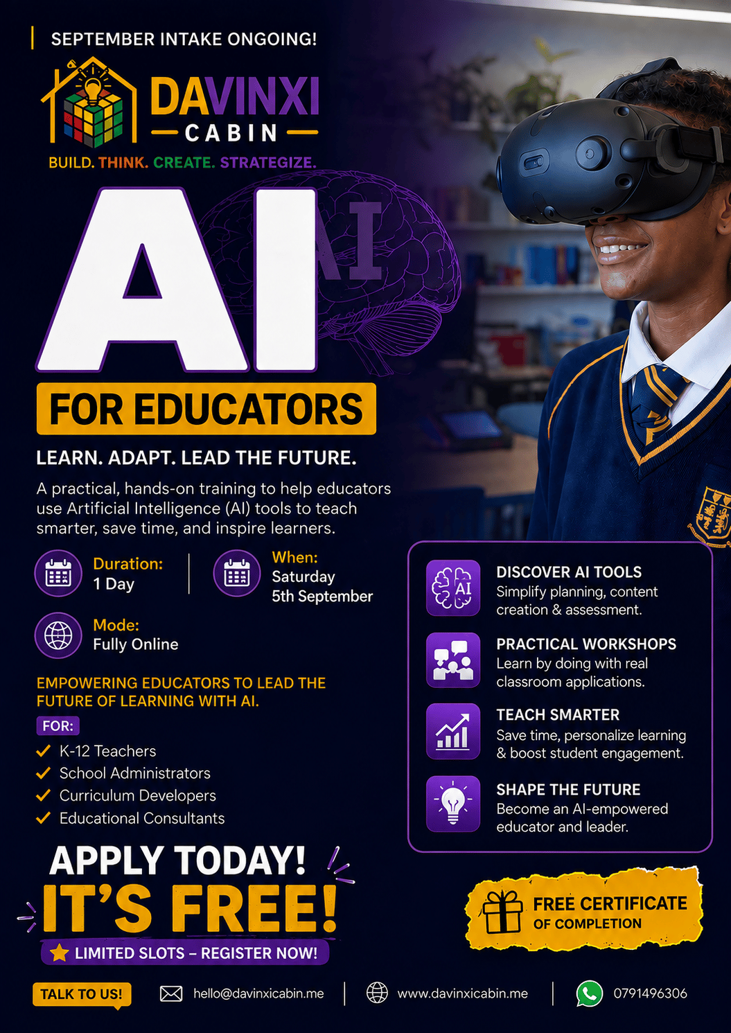 AI For Educators — DaVinxi Cabin. Learn. Adapt. Lead the future. One-day online training for K-12 teachers, school administrators, curriculum developers, and educational consultants.